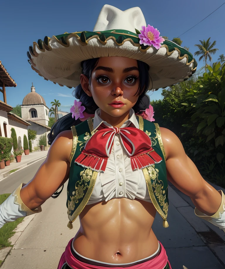 Lily,black hair,brown eyes,
cropped vest,bow,sash,sleeveless,white gloves,midriff,sombrero,hair flower,
standing,upper body,
village,mexico,morning,
(insanely detailed, masterpiece, best quality),solo,<lora:LilyhawkS3:0.8>,