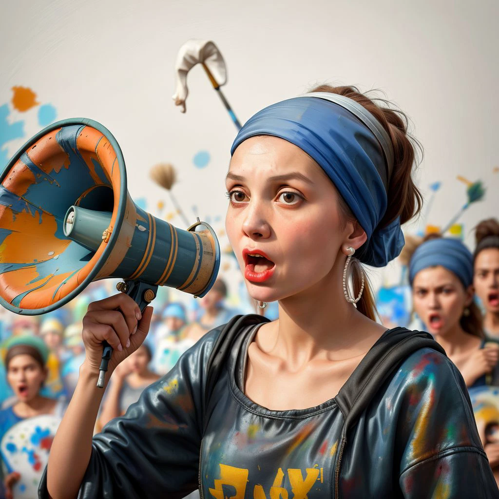 The girl with a pearl earring shouting into a megaphone with an angry crowd of painters behind her <lora:SD15-Megaphone-LoRA:0.8>