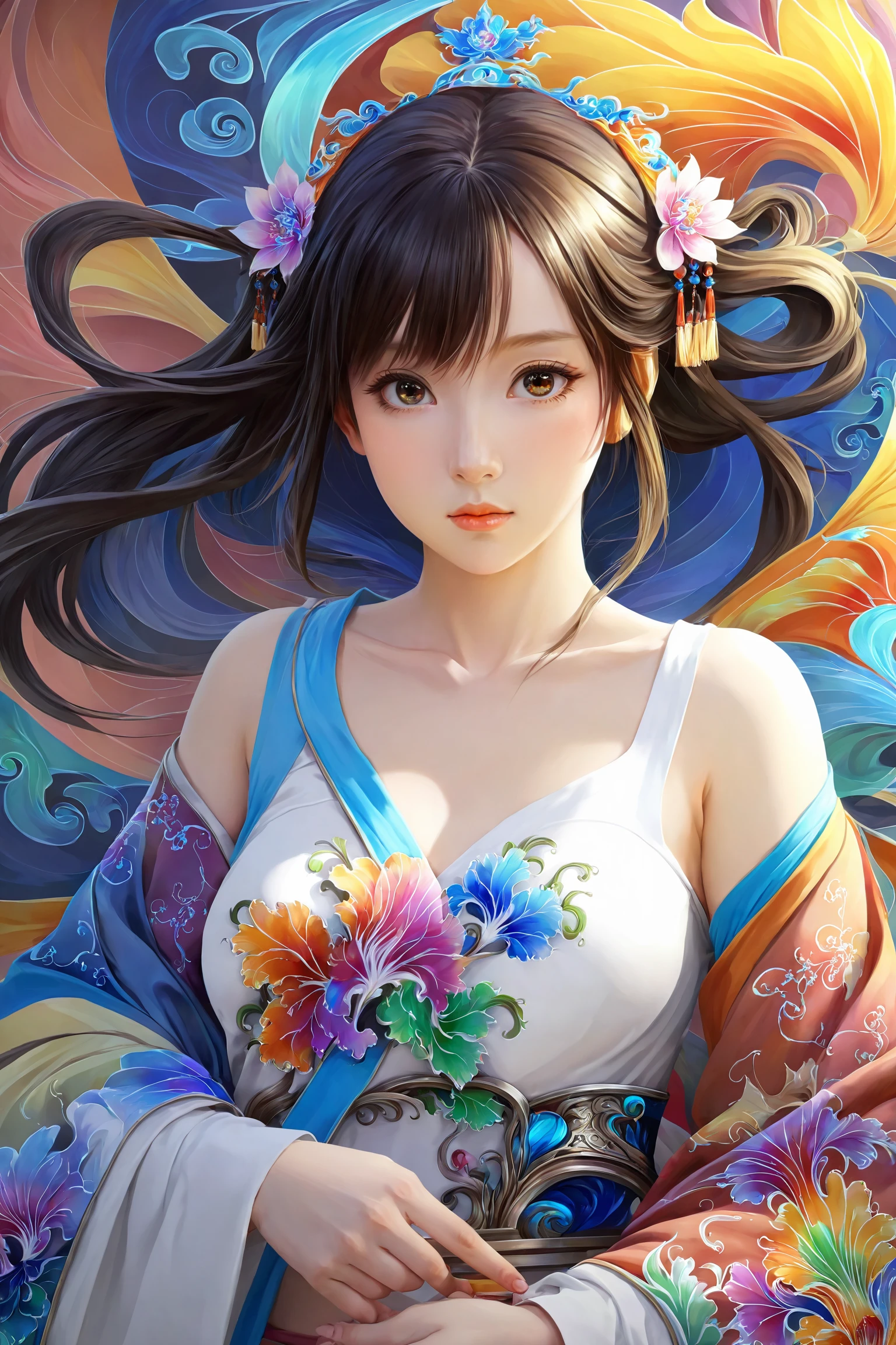 arafed woman with a fan and a flower in her hair, exquisite digital illustration, a beautiful artwork illustration, stunning digital illustration, beautiful digital artwork, inspired by Yun Du-seo, in style of digital illustration, chinese empress, portrait of geisha, a beautiful fantasy empress, beautiful digital illustration, portrait of a beautiful geisha, portrait of a geisha