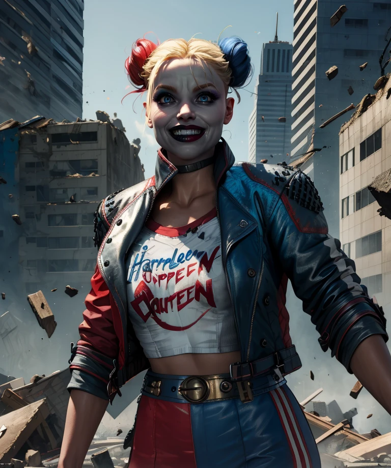 Harley,blue eyes,double bun,
shirt,cropped jacket,belt,
standing,upper body,light smile,
metropolis,morning,destruction,
(insanely detailed, masterpiece, best quality),solo,<lora:HarleySQ:0.9>,