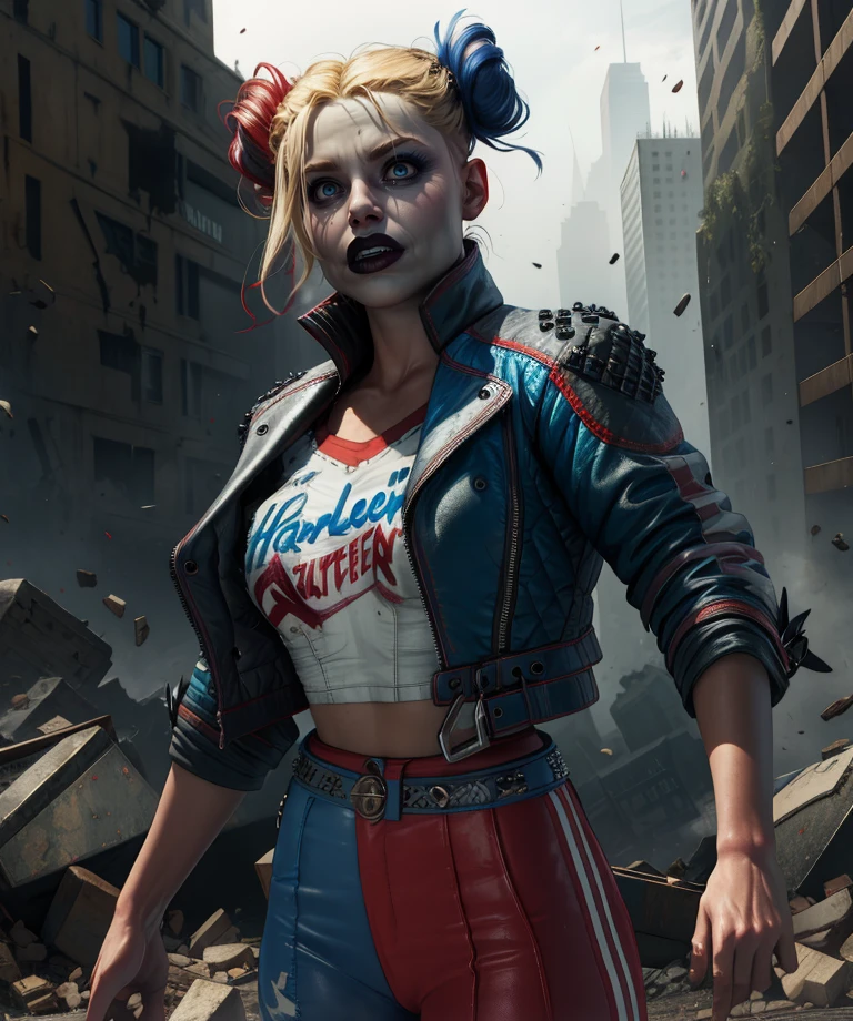 Harley,blue eyes,double bun,
shirt,cropped jacket,belt, pants, 
standing,upper body,
metropolis,morning,destruction,
(insanely detailed, masterpiece, best quality),solo,<lora:HarleySQ:0.8>,