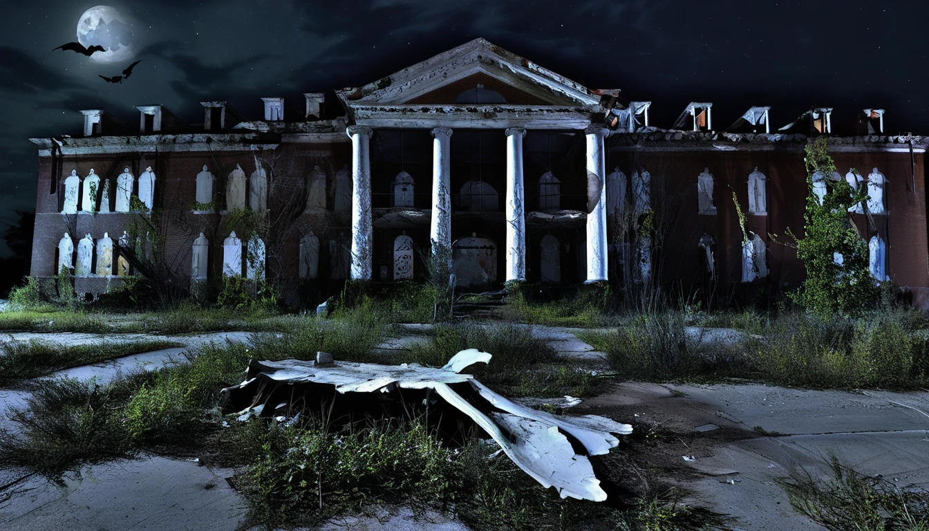 Dejarnette,haunted,asylum,hospital,ruined,peeling paint,debris,(ghost:1.4),(spirit:1.3),(night:1.5),(dark:2),moonlit,photo realistic,highest quality,masterpiece,hdr,<lora:DeJarnette:1>,