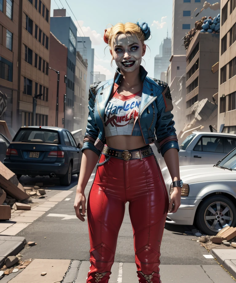 Harley,blue eyes,double bun,
shirt,cropped jacket,belt,pants, smile,
standing,upper body,
metropolis,morning,destruction,
(insanely detailed, masterpiece, best quality),solo,<lora:HarleySQ:0.8>,