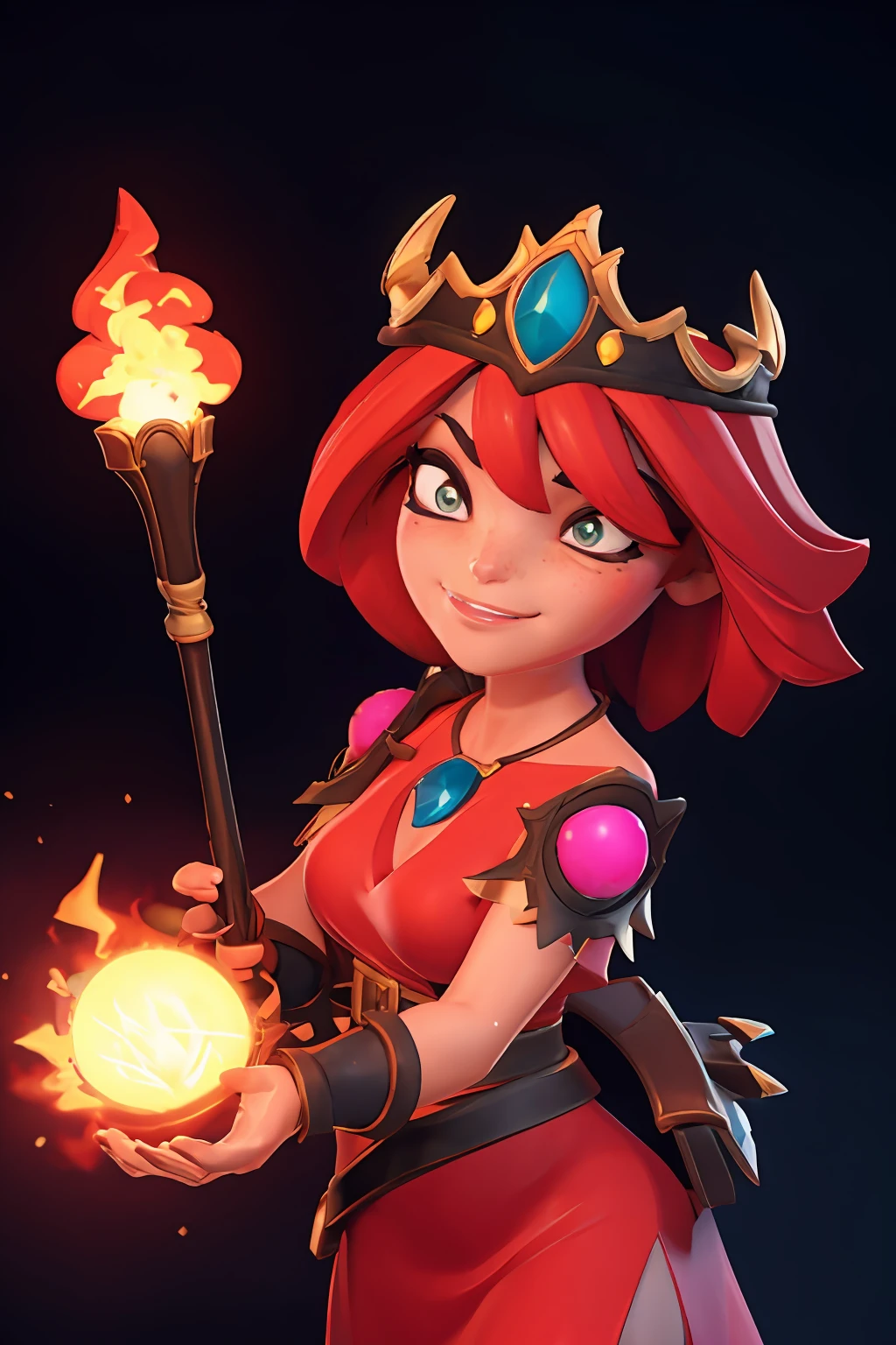 8k,highres , 3D, CGI, render, high definition, masterpiece, best quality, 1girl, redhair, short hair, tiara, freckles, casting a fireball magic spell, Nwizardess <lora:Naheulbeuk Wizardess-000005:.7>