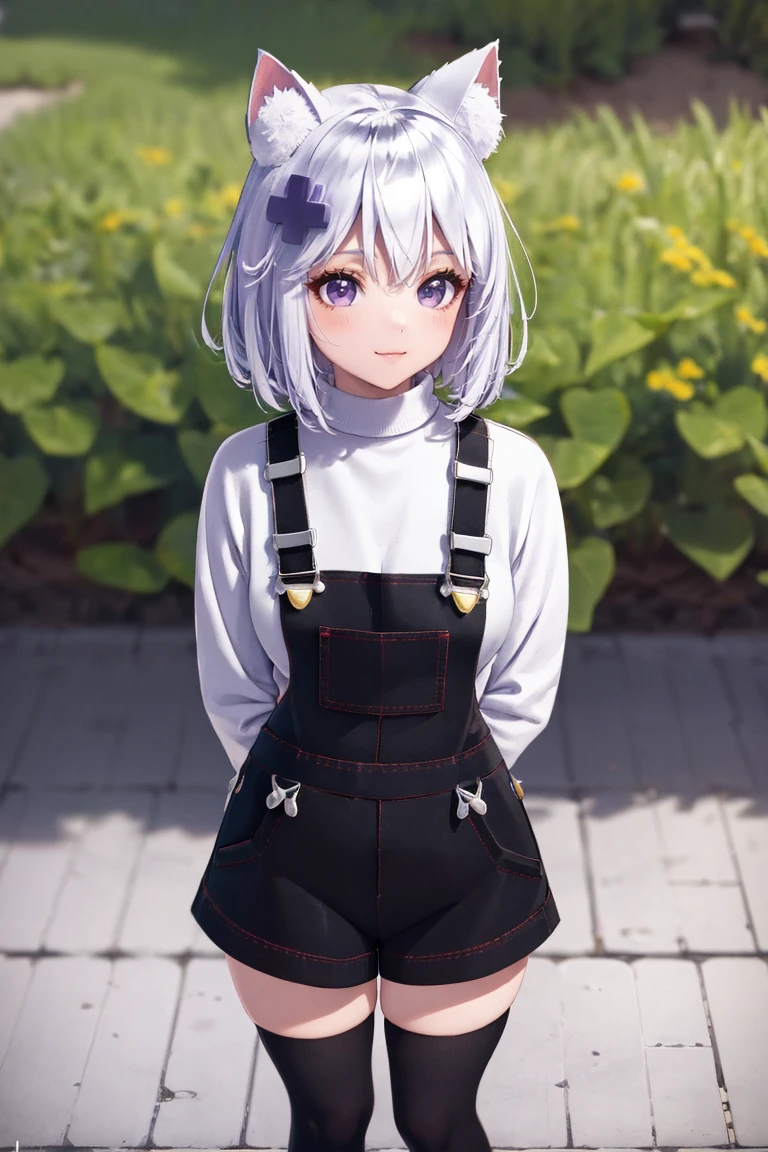 masterpiece, best quality, absurdres, FilianOverall, purple eyes, short hair, hair ornament, overalls, white sweater, black thighhighs, arms behind back, outdoors, from above, :3, smile, <lora:CHAR-Filian:1>
