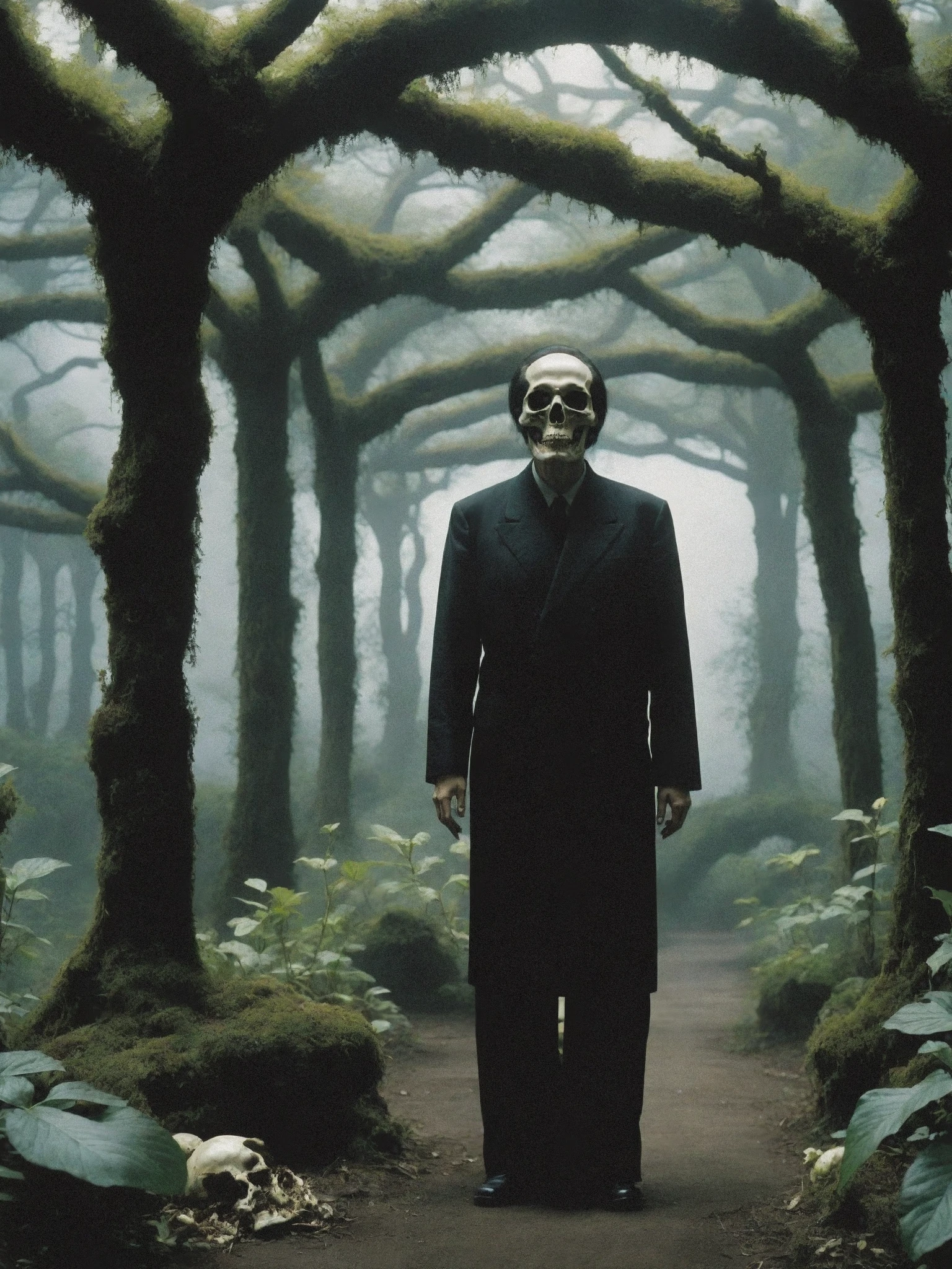 Overgrown botanical garden, mutated flora intertwined with skeletal remains, a lone figure seeking a cure. , cinematic movie by Park Chan-wook , Robert Richardson