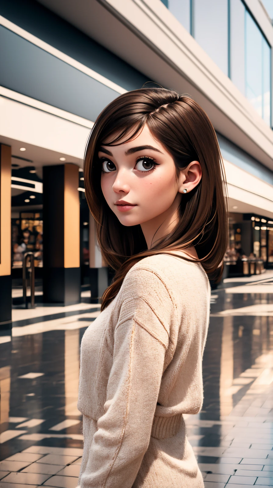 portrait of 1girl with brown hair, mall scene in background <lora:ToonMall:1>