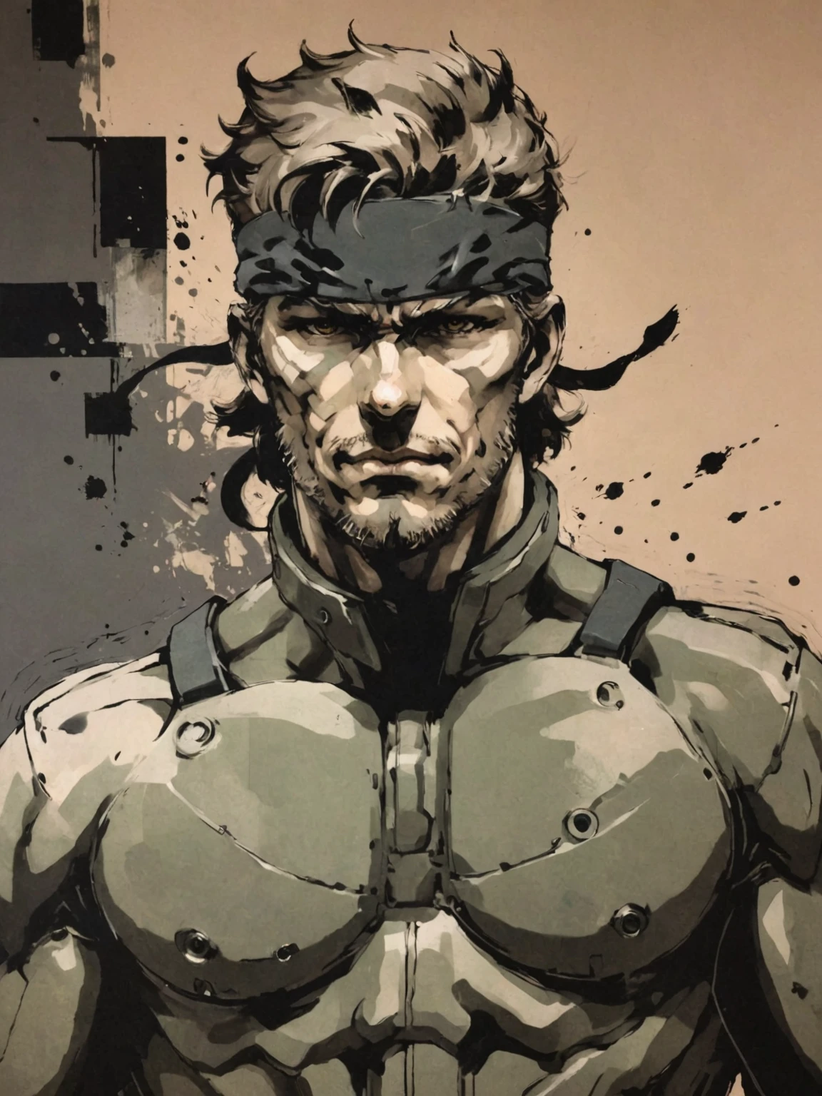 amazing artwork in the style of Shinkawa Youji, portrait of a military man, solid snake. <lora:shinkawa_youji_xl_v1f:1>