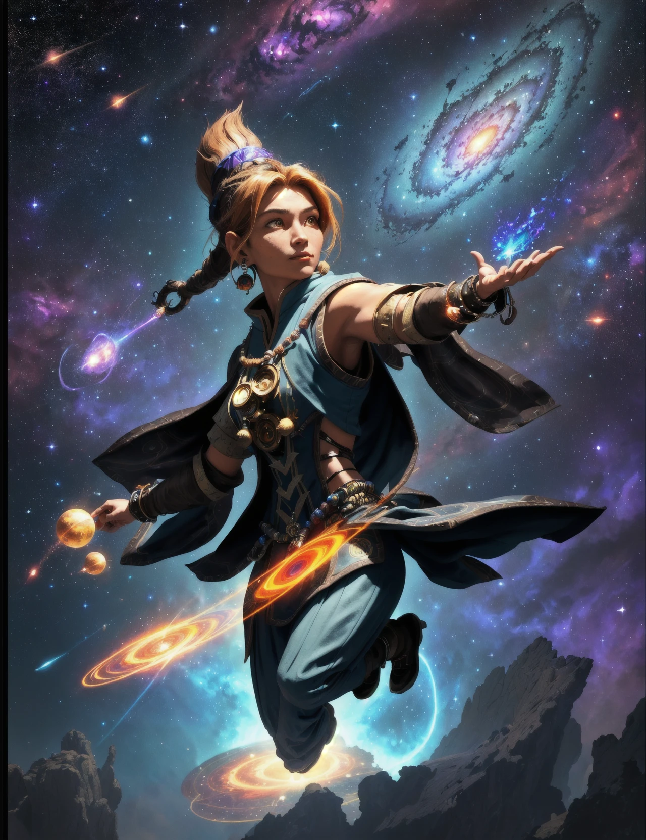 awesome quality,masterpiece, dynamic,close up, DonMM4g1c caster, female shaman, flight (levitating or flying) ( dark brown amorphous mindfulness celestial stardust texture stun space probe einsteinium intriguing magic:1.0) <lora:myLora\DonMM4g1c-v2.1rb2:0.8>