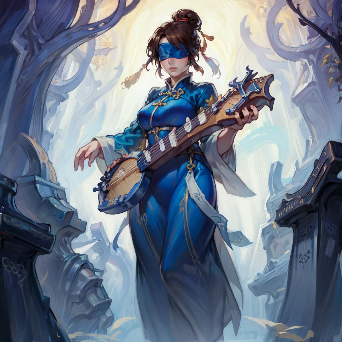 masterpiece, anime screencap, 1 girl, solo, brown hair, top knot, blue clothes, ((black blindfold)), chinese clothes, (blue banjo), full body, outdoors, valley cowboy shot <lora:Mu tian:1>