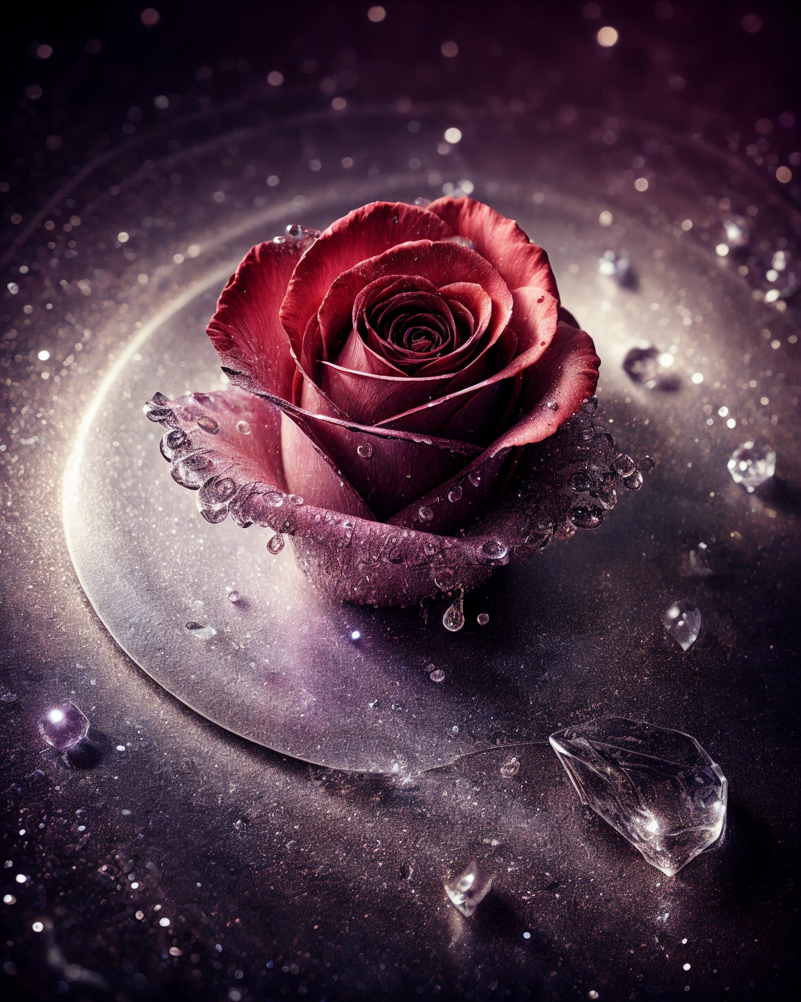 Macro Photography,a rose,shining starlight,Simple background,Dark background,Extreme Detail,UHD,8K,Studio Lighting,Professional Photography,fine art,<lora:add_detail:1>,water droplets on rose petals,<lora:PsionicMagic-20:1>,