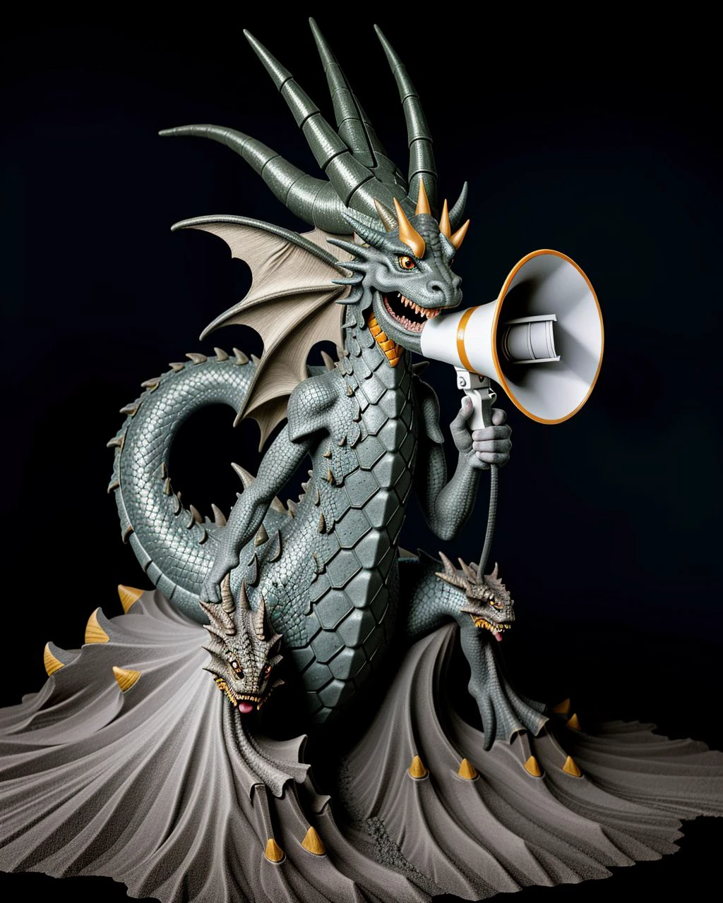 A scary dragon is talking using a megaphone in a volcanic area  <lora:SD15-Megaphone-LoRA:0.8>, Very detailed, clean, high quality, sharp image, Naoto Hattori