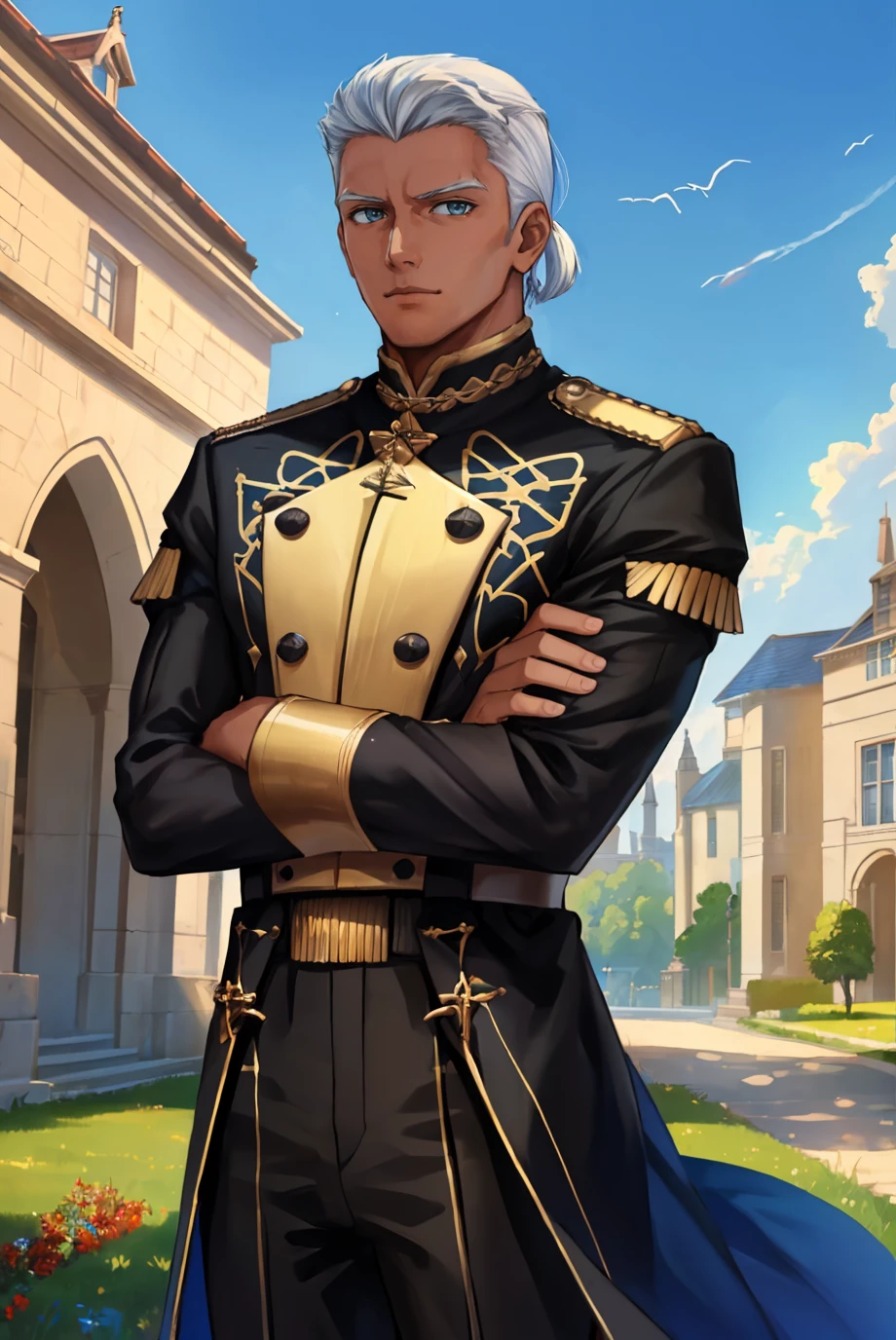 high quality, 1boy, standing, looking at viewer, crossed arms, <lora:DedueFE3H-bsinky-v1:0.8> defDedue, dark skin, garreg mach monastery uniform, outdoors, sky