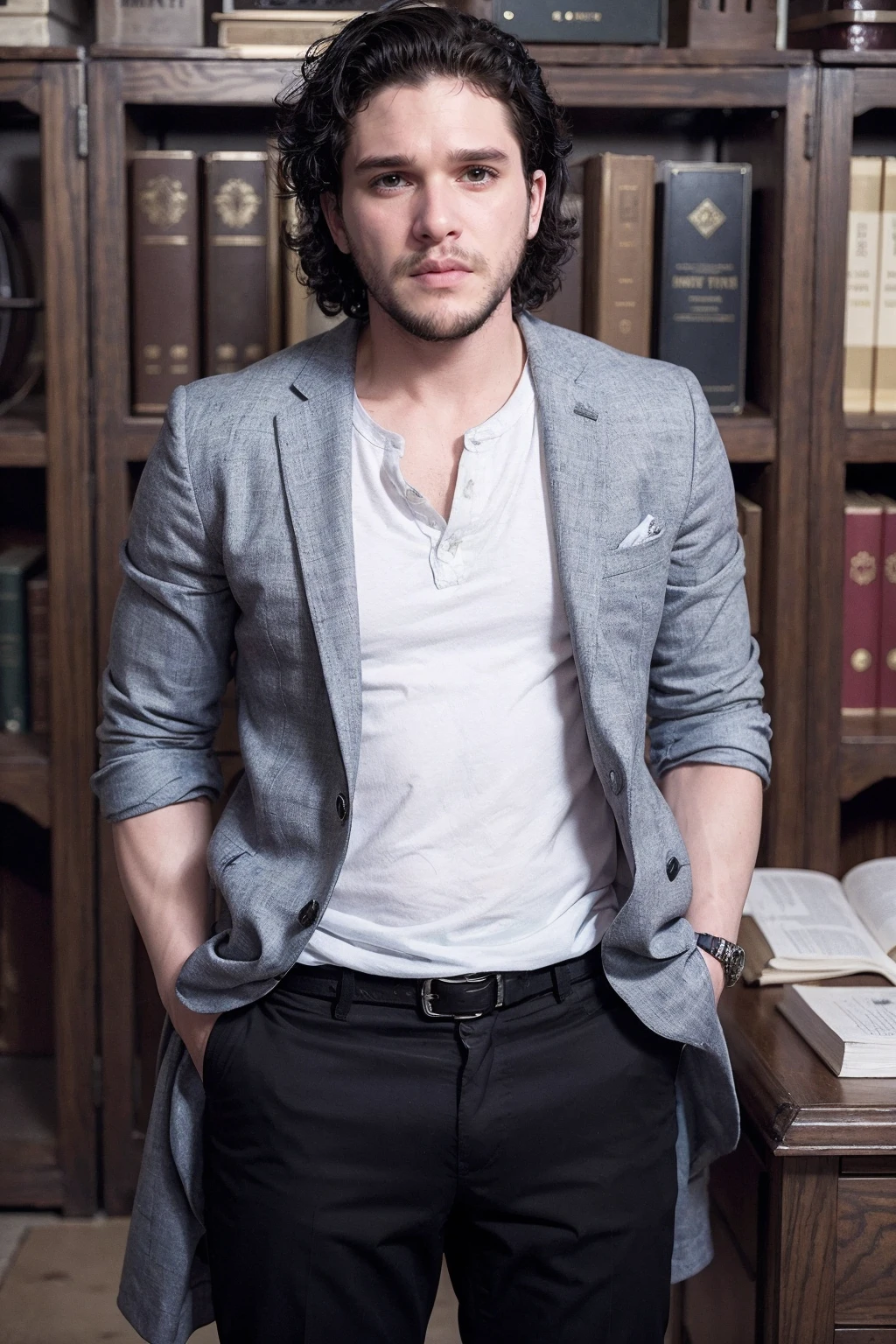 kitharington, a man, wearing clothes in library <lora:kitharington:0.85>