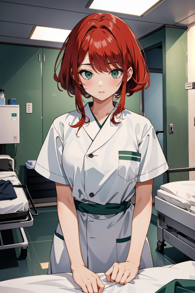 ((masterpiece, best quality,lower_body)), operating table,medical monitors,hospital bed, standing, <lora:Kazumi_Takayama_v1.2-000006:0.8>  (kazumi takayama,red hair,green eyes),