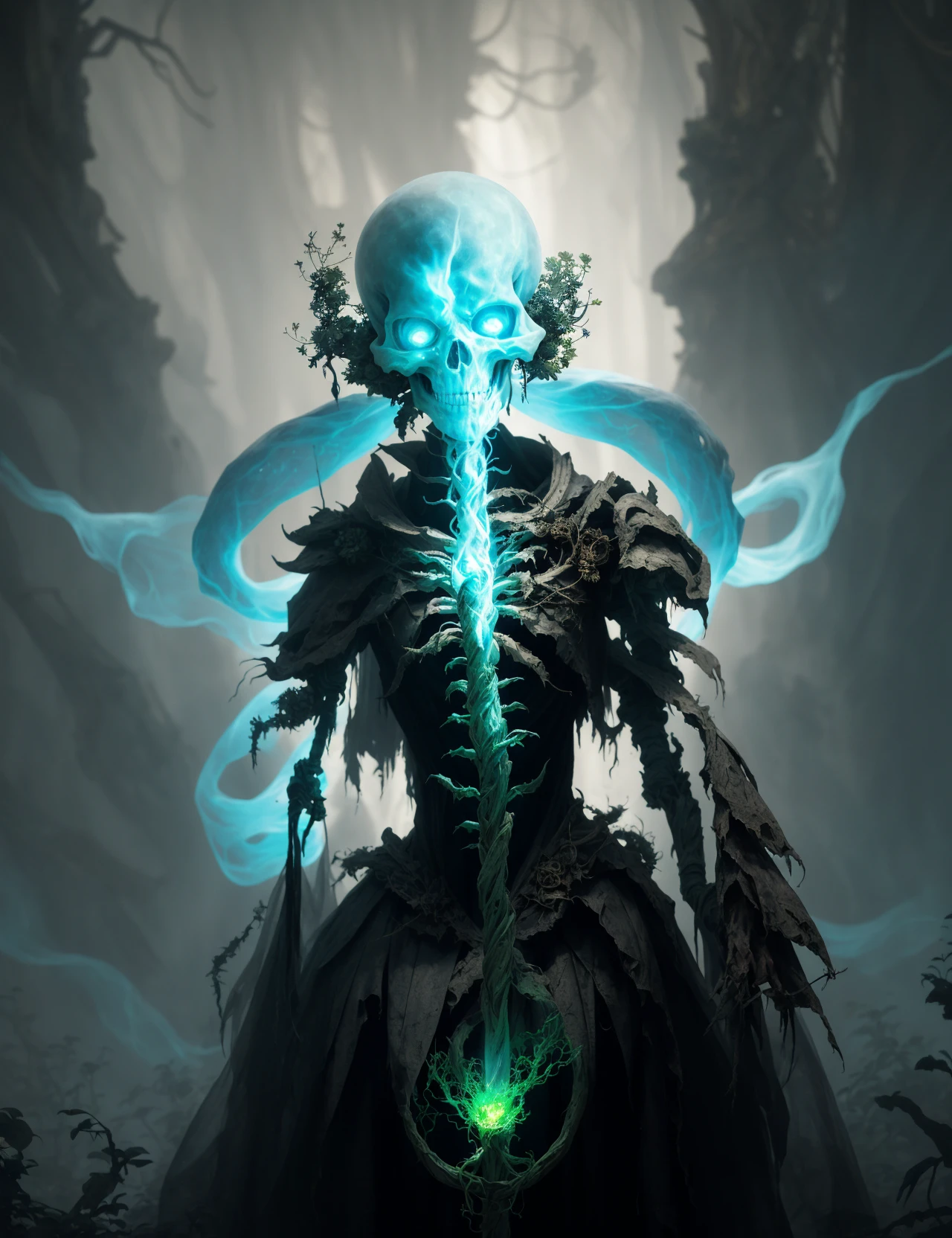 awesome quality,masterpiece, dynamic,close up, DonMM4g1c caster, female mystic, plant manipulation  death magic spectral, skeletal, wreathed in a cold ethereal light, shadows cling to it, tattered, sense of finality emanates, chilling the air, ghostly whisper, endings and void   <lora:myLora\DonMM4g1c-v2.1rb2:0.8>
