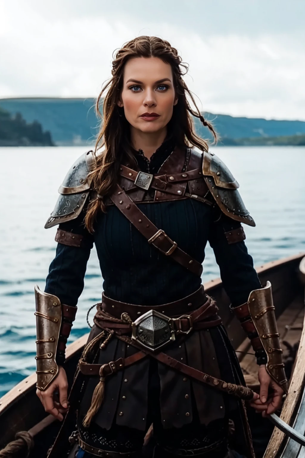 <lora:mondongo_LoRA_JessalynGilsig_v2:1> mndngwmn, wearing a viking leather armor, leather pauldrons, on a longboat, (ultra realistic, 8k,high quality)