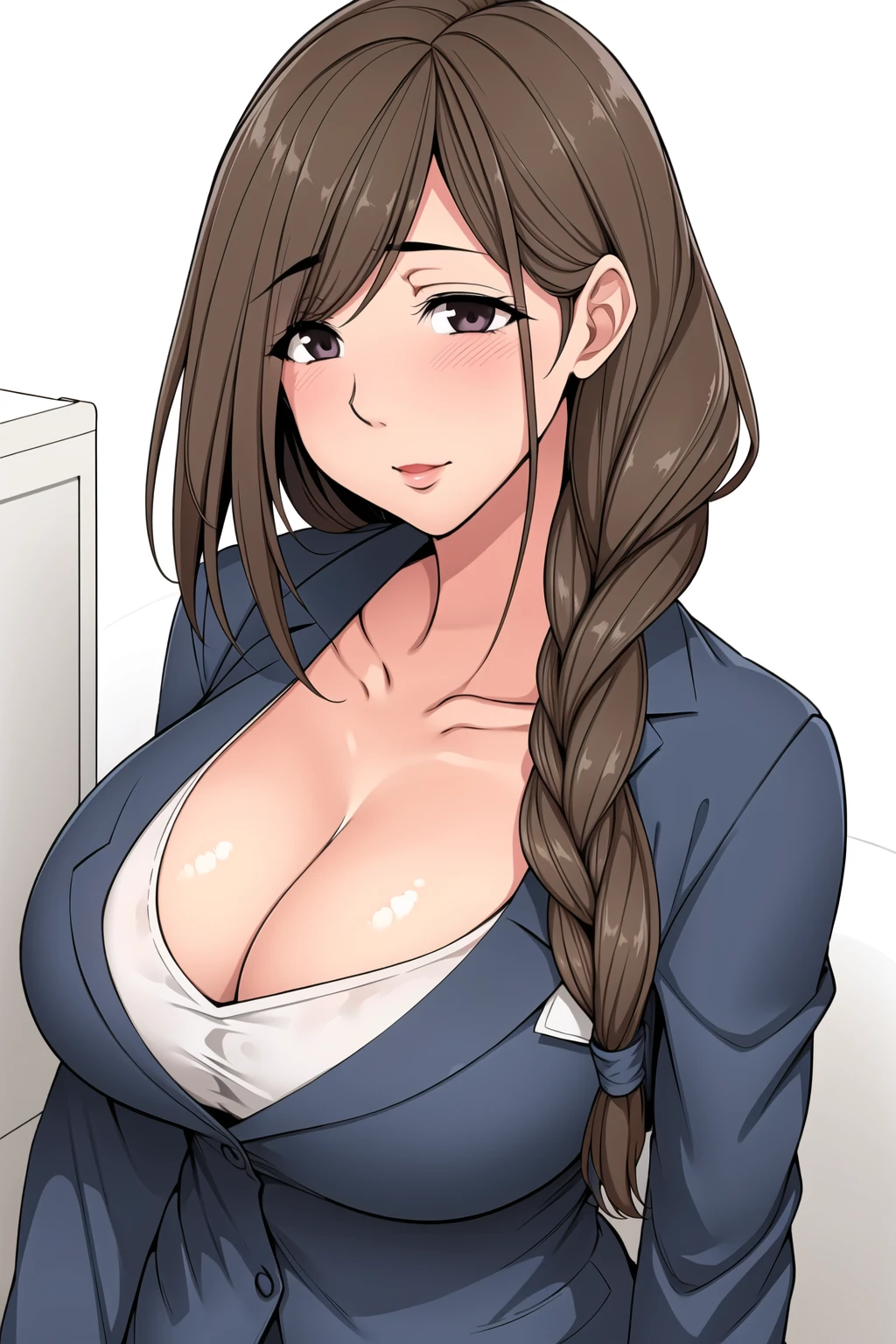 Simple white background,
Blue jacket, collarbone, cleavage, long sleeves,
<lora:Takanashi_Haruko_Hitozuma-KK77-V1:0.7>,office lady,
browneyes, brown hair,bangs,Long hair,braid,
<lora:Oda_Non_Style-KK77-V2:0.3>,<lora:more_details:0.1>,
1 girl, 20yo,Young female,Beautiful long legs,Beautiful body,
Beautiful Nose,Beautiful character design, perfect eyes, perfect face,expressive eyes,perfect balance,
looking at viewer,(Focus on her face),closed mouth, (innocent_big_eyes:1.0),(Light_Smile:0.3),
official art,extremely detailed CG unity 8k wallpaper, perfect lighting,Colorful, Bright_Front_face_Lighting,White skin,
(masterpiece:1.0),(best_quality:1.0), ultra high res,4K,ultra-detailed,
photography, 8K, HDR, highres, absurdres:1.2, Kodak portra 400, film grain, blurry background, bokeh:1.2, lens flare, (vibrant_color:1.2),professional photograph,
(Beautiful,large_Breasts:1.4), (beautiful_face:1.5),(narrow_waist),