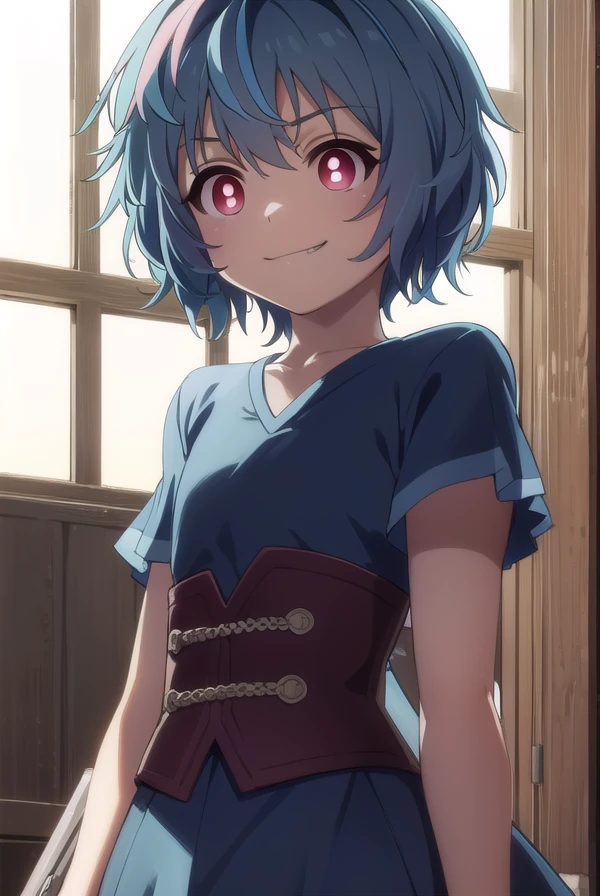 kohinahiruko, <lora:kohina hiruko s1-lora-nochekaiser:1>,
kohina hiruko, short hair, (red eyes:1.3), (bright pupils:1.5), streaked hair, blue hair, smile, grin,
BREAK dress, blue dress, short sleeves, frills,
BREAK outdoors,
BREAK looking at viewer, (cowboy shot:1.5),
BREAK <lyco:GoodHands-beta2:1>, (masterpiece:1.2), best quality, high resolution, unity 8k wallpaper, (illustration:0.8), (beautiful detailed eyes:1.6), extremely detailed face, perfect lighting, extremely detailed CG, (perfect hands, perfect anatomy),