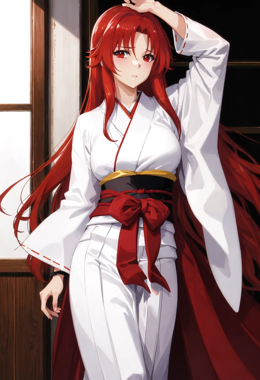 best quality, masterpiece, highres, solo, {lisara_restall_fanart_soicantplayh:0.90}, {white kimono:1.35}, {red hakama:1.35}, {wide sleeves:1.20}