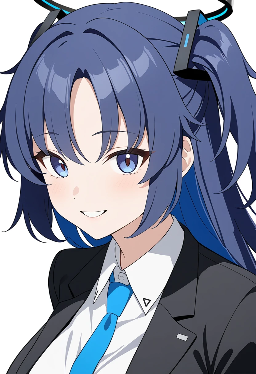 1girl, yuuka \(blue archive\), blue archive,
medium hair, twintails, blue hair, blue eyes, white shirt, collared shirt, suit jacket, large breasts, necktie, halo, seductive smile,
white background, simple background, anime coloring, portrait,
masterpiece, best quality,