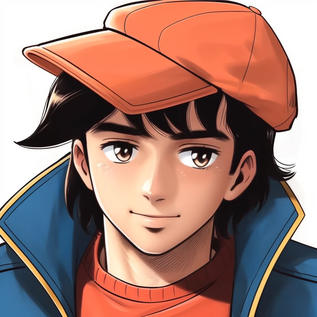 (masterpiece, best quality:1.3), 1boy, solo, looking at viewer, closed mouth, smile, Yabuki Joe, black hair, orange shirt, bangs, brown eyes, hat, orange hat, jacket, popped collar, open clothes, cap, trench coat <lora:Yabuki Joe:.7>
