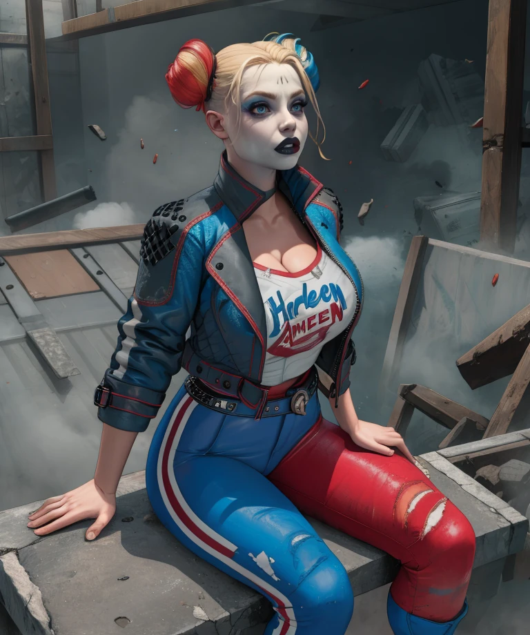 Harley,blue eyes,double bun,
shirt,cropped jacket,belt,multicolored pants,
upper body,cleavage,
sitting,
metropolis,morning,destruction,
(insanely detailed, masterpiece, best quality),solo,<lora:HarleySQ:0.8>,