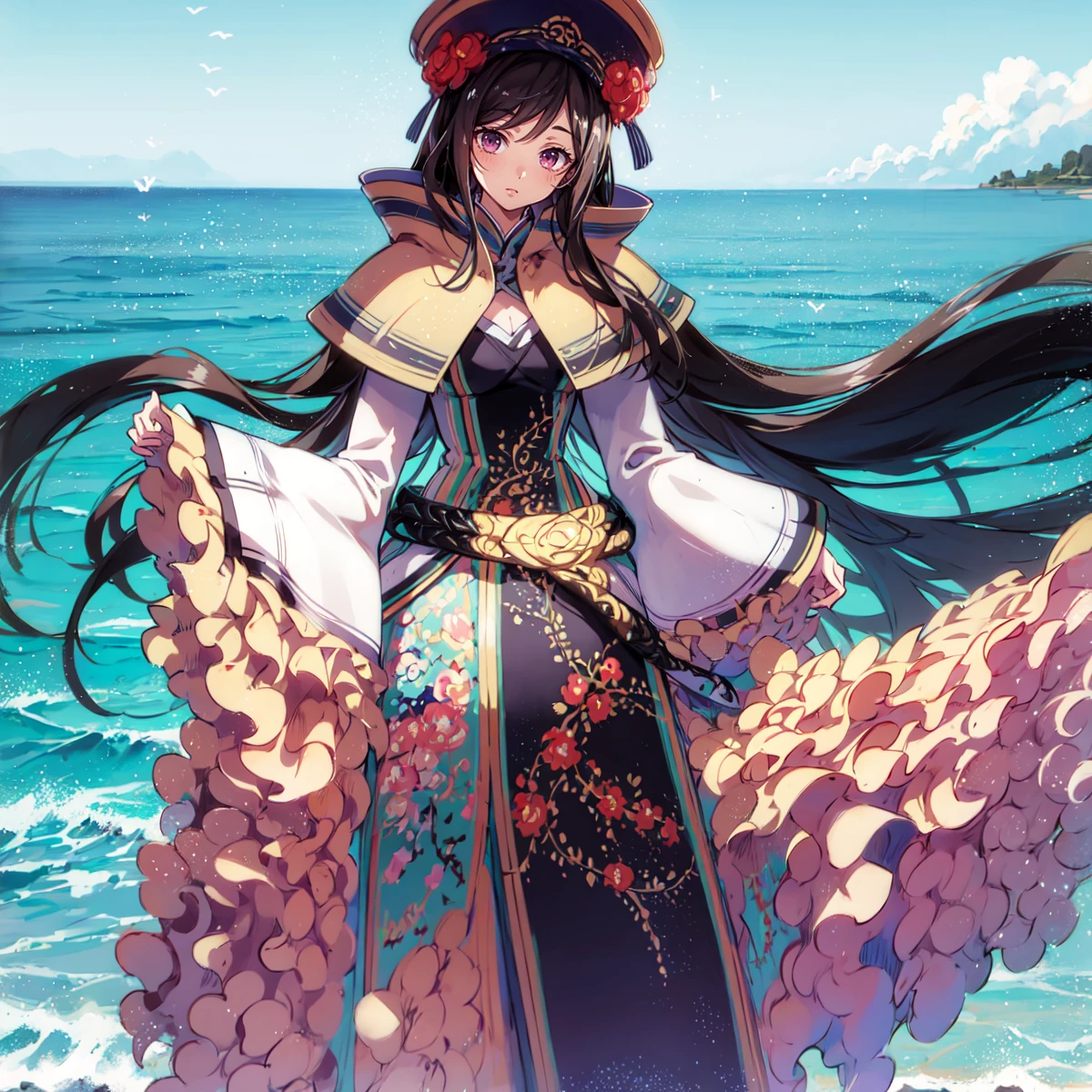 masterpiece, anime screencap, 1 girl, solo, long hair, black hair, chinese clothes, hat, full body, cowboy shot, outdoors, cliff, hand on hair, closeup, hair on wind <lora:Dan Fei:1>