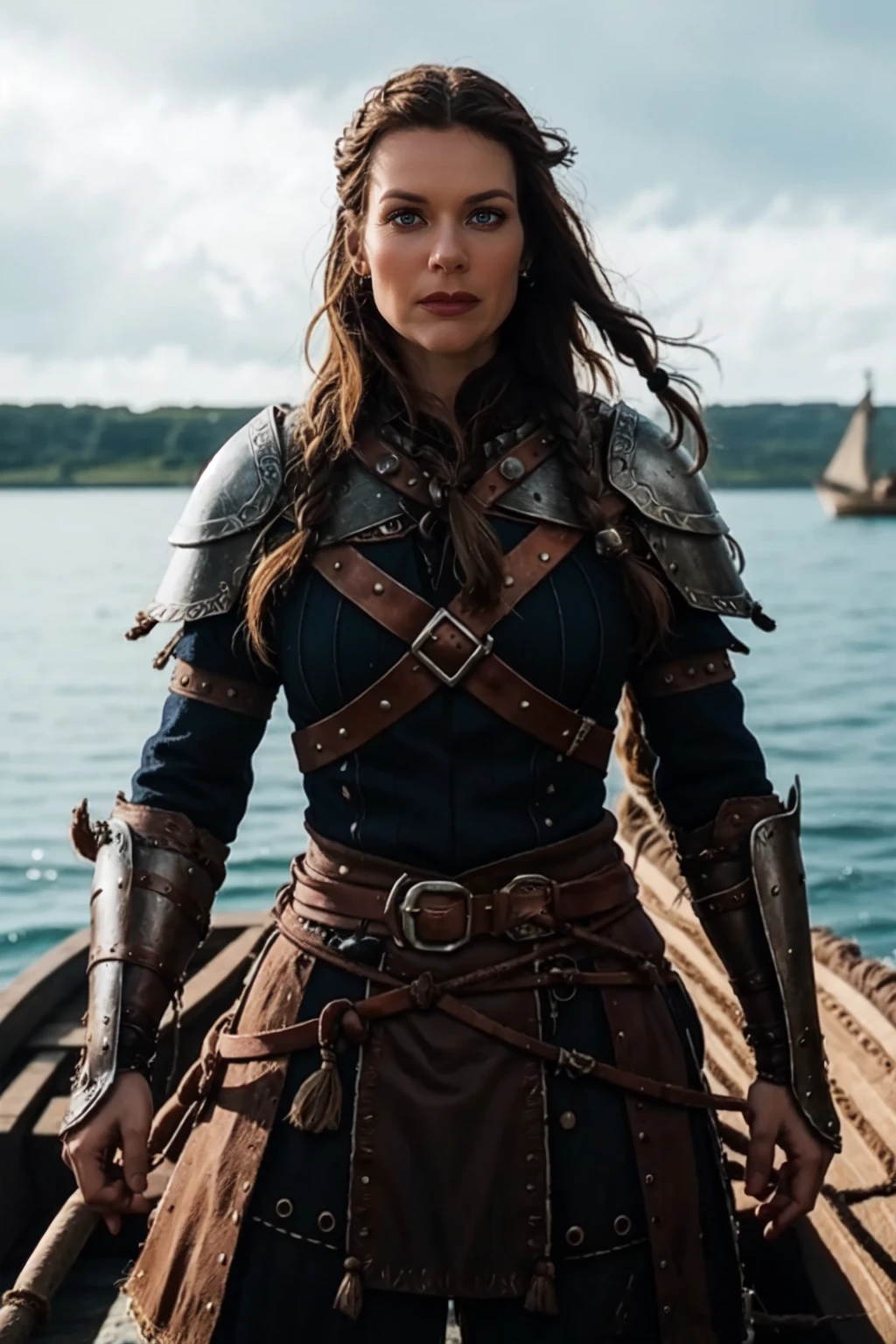 <lora:mondongo_LoRA_JessalynGilsig_v2:1> mndngwmn, wearing a viking leather armor, leather pauldrons, on a longboat, (ultra realistic, 8k,high quality)