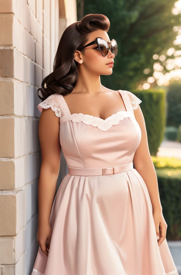 outdoors, sidewalk, (side view, leaning against wall, sunglasses, cigarette, portrait photo, adult woman, __CC_various_background__, blush pink satin A-line dress, fitted bodice, softly flared knee-length skirt, sleeveless, white lace trim neckline, brooch, subtle pleats and gathers, v1nt4g3_2, <lora:v1nt4g3_2-12:0.8>, leather moto jacket, curvy, FreckledVixon, freckles