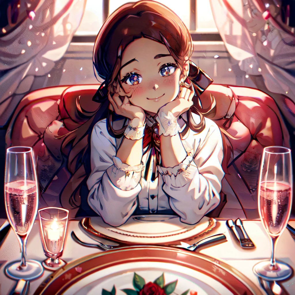 ValentinesDate,1girl,solo,long hair,cute face,upper body,(((Whole head in frame))), (((whole face in frame))), uneven hairline, thick hair,flooking at viewer,blush,smile,bangs,brown hair,shirt,ribbon,jewelry,sitting,jacket,white shirt,flower,earrings,food,cup,petals,black ribbon,neck ribbon,depth of field,rose,table,bottle,knife,red flower,plate,champagne,drinking glass,red rose,fork,candle,wine glass, fancy champagne glass,candlestand,champagne flute,champagne,pov across table
,valentine,valentine style,nice hands,
, <lora:ValentinesDate-000003:1.5>, <lora:KataraV2:0.8> katara