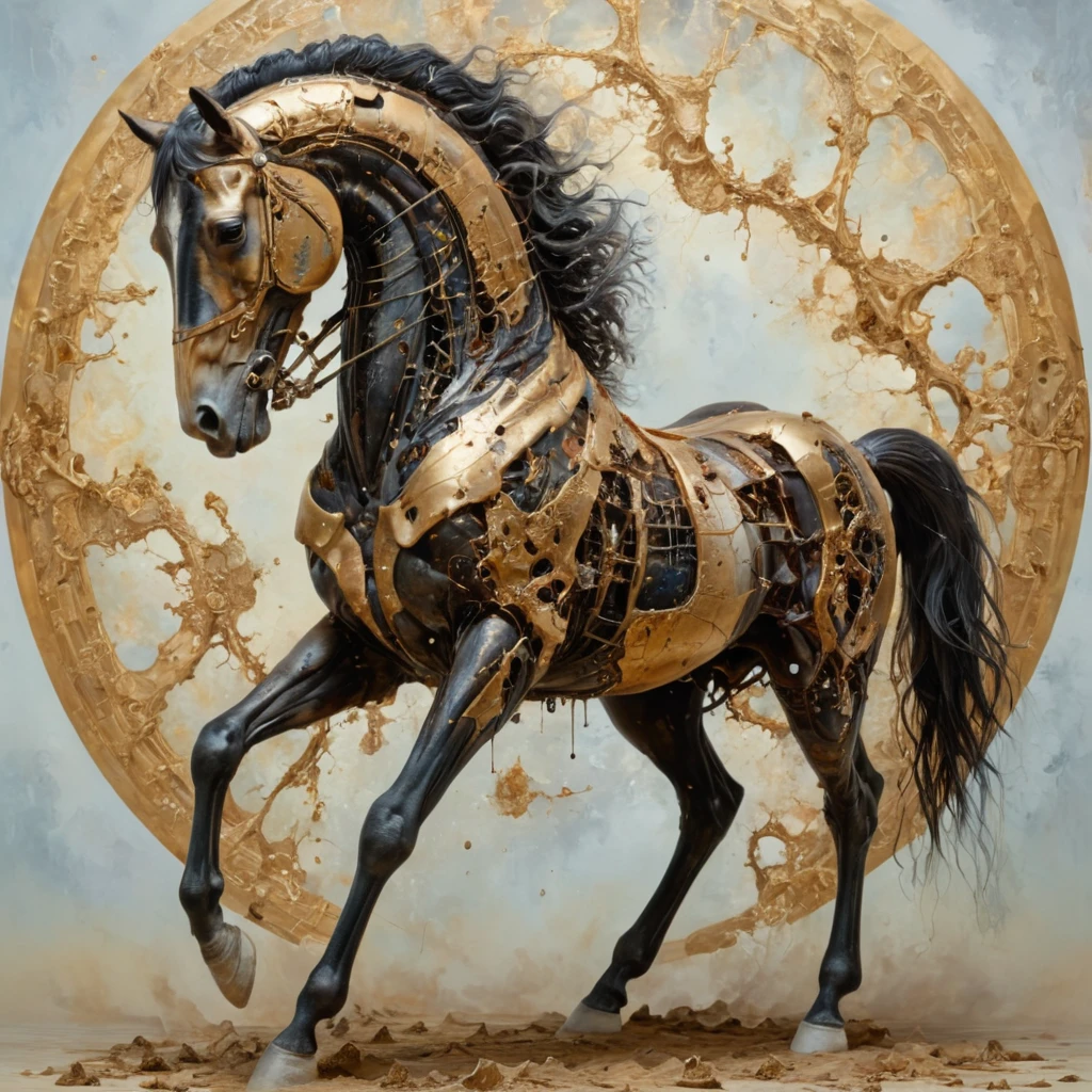 mechanical horse standing on its hind legs , rearing, an intricate and hyperdetailed acryl and oil painting by Karol Bak, Hermann Nitsch, Jacopo Robusti, MW Kaluta, Teis Albers, artgerm, artistic fantasy art, album cover art, amazing depth, golden ratio, hdr, 8k resolution, perfect balanced styles, stunning masterwork by head of prompt engineering <lora:add-detail-xl:1> <lora:hyperkraximalism:0.5> hyperkraximalism