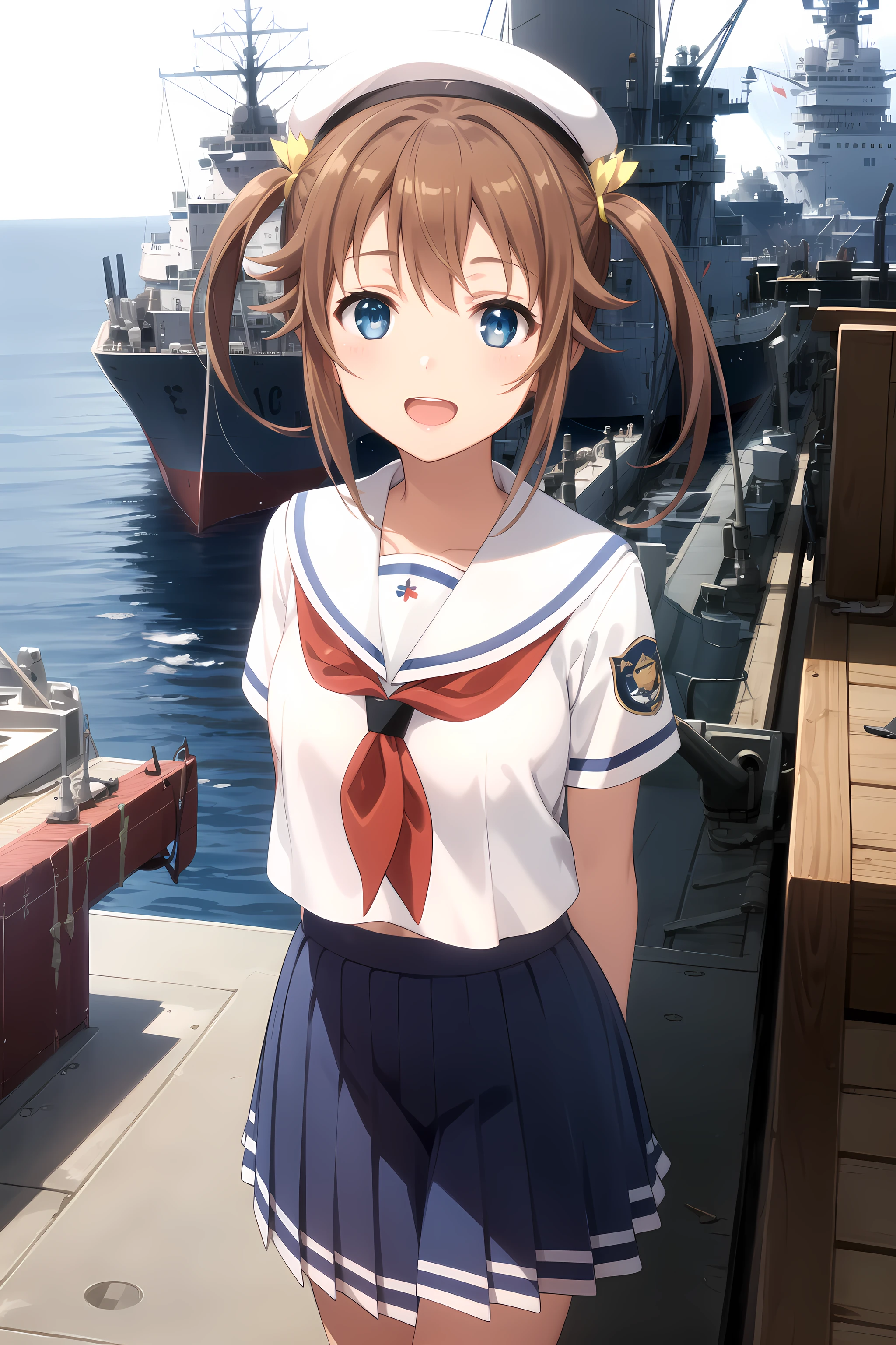 best quality, masterpiece, detailed,
<lora:HighSchoolFleet_MisakiAkeno_1:0.8>, MisakiAkeno,
1girl, smile, open mouth,
brown hair, blue eyes, short hair, twintails, hair ribbon, yellow ribbon,
serafuku, white shirt, red neckerchief, blue skirt, sailor hat,
standing, looking at viewer, arms at sides,
ocean, (ship, military vehicle:1.2)