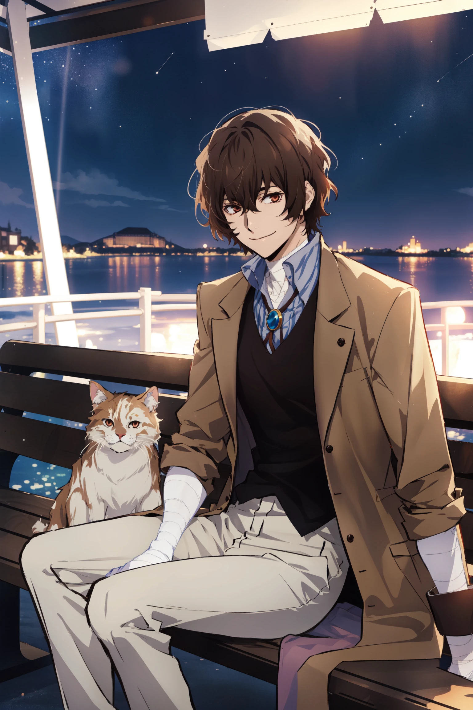 (masterpiece, best quality, highres, absurdres),<lora:GoodHands-vanilla:1.5>,  <lora:Dazai:1>, dazai, male focus, 1boy,  solo, brown hair, brown eyes,  bandages, hair between eyes,  short hair,  jewelry, white pants, vest, brown coat,  shirt,  night, wind, stars, darkness, park, bench, sitting, scenery, looking at viewer, calm, smile