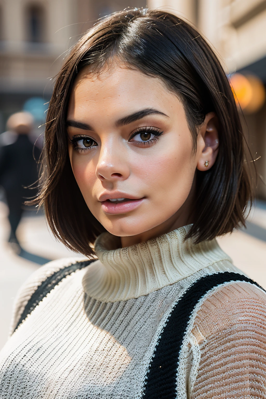 photo of beautiful (block_viosta.99), a woman, perfect short dark hair, (closeup portrait), (crewneck sweatshirt:1.1), 85mm, (analog, cinematic, film grain:1.3), (pedestrian street), ((detailed eyes)), (color picture:1.1), (looking at viewer)