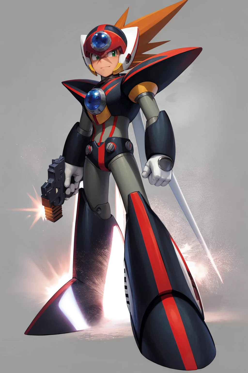 masterpiece, best quality,
1boy, axl, brown hair, spiked hair, hair between eyes, green eyes, helmet, scar, android, armor, closed mouth, robot, holding gun,
smile, standing, full body, solo, looking at viewer, simple background, solid grey background <lora:Axl:1>