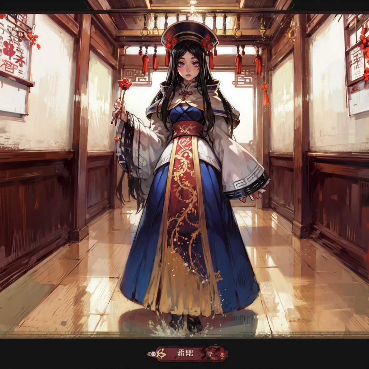 masterpiece, anime screencap, 1 girl, solo, long hair, black hair, chinese clothes, hat, full body, cowboy shot, indoors chinese sowrd <lora:Dan Fei:1>