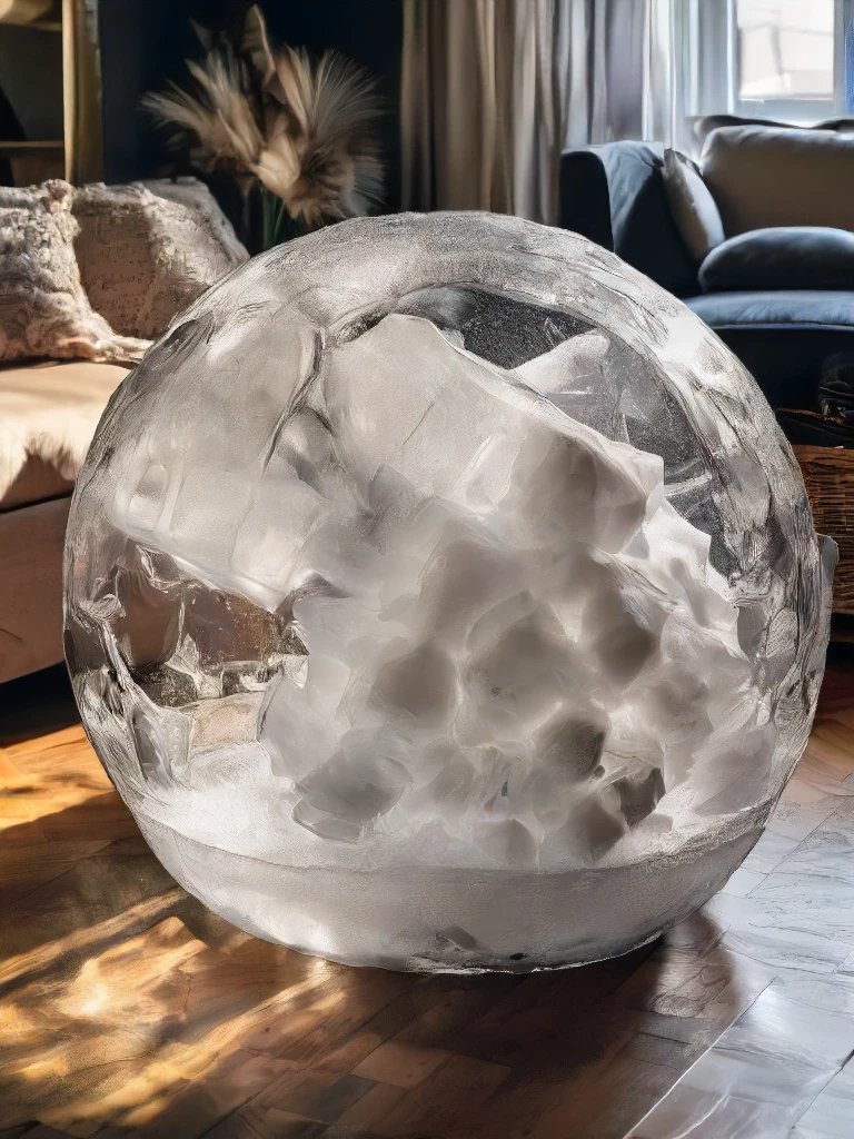 a bal made out of ice and fail inside a cozy living room on a sunny day, detailed, high quality