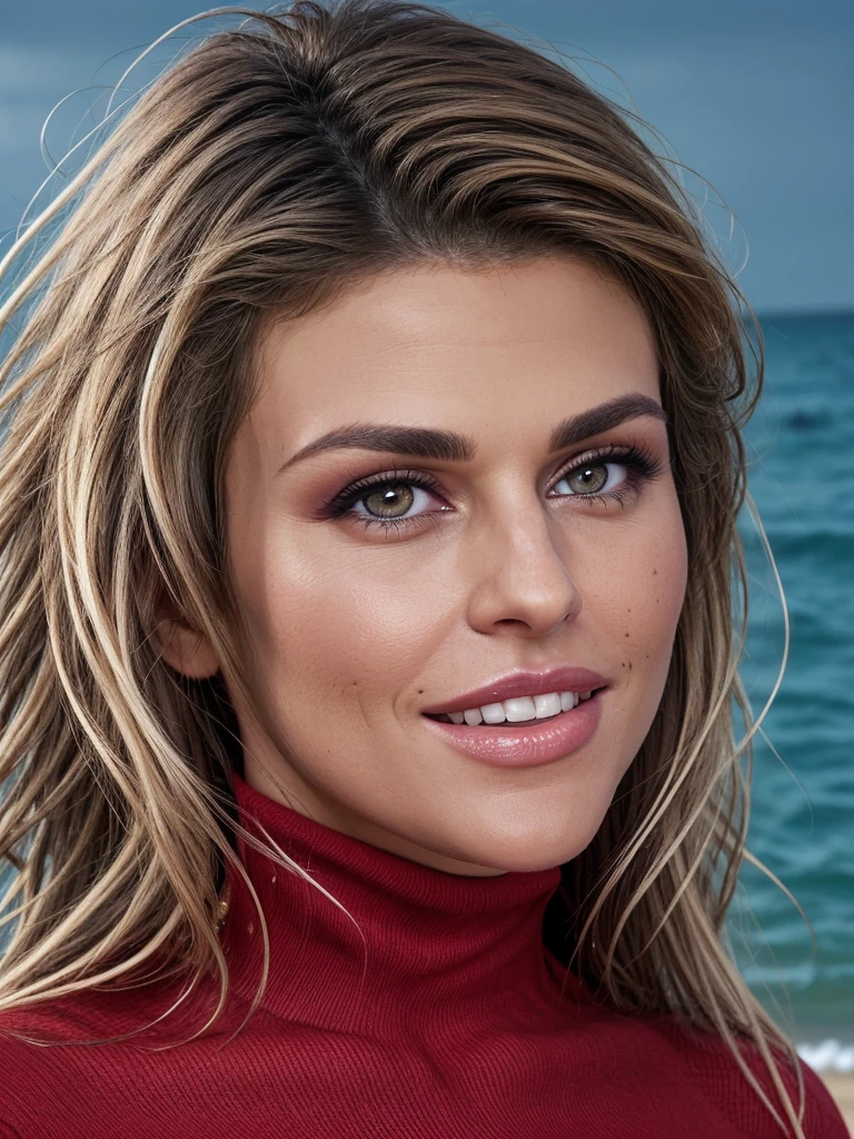 cinematic photo side view full portrait of sophia rossi a beautiful curvy 40 year old blonde girl model with long wavy hair with wearing red turtleneck dress posing outside on the beach at sea, smirking, beautiful eyes, perfect eyes, brown eyes, heavy makeup, slightly turned head, <lora:Sophia_Rossi:1> <lora:zoom_slider_v1:3> . 35mm photograph, film, bokeh, professional, 4k, highly detailed