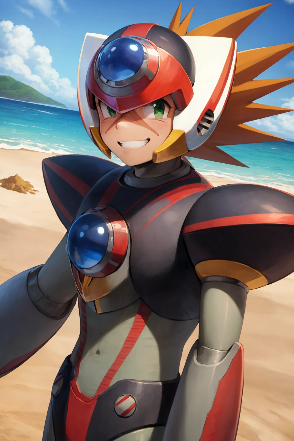 masterpiece, best quality,
1boy, axl, brown hair, spiked hair, hair between eyes, green eyes, helmet, scar, android, armor, closed mouth, robot,
grin, solo, sea, sand, blue sky, tropical island background <lora:Axl:1>