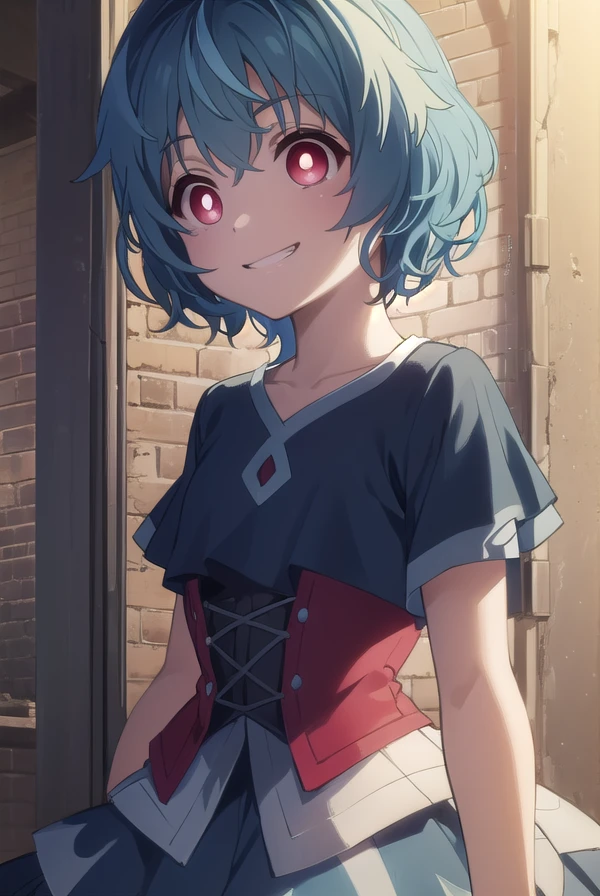 kohinahiruko, <lora:kohina hiruko s1-lora-nochekaiser:1>,
kohina hiruko, short hair, (red eyes:1.3), (bright pupils:1.5), streaked hair, blue hair, smile, grin,
BREAK dress, blue dress, short sleeves, frills,
BREAK outdoors,
BREAK looking at viewer, (cowboy shot:1.5),
BREAK <lyco:GoodHands-beta2:1>, (masterpiece:1.2), best quality, high resolution, unity 8k wallpaper, (illustration:0.8), (beautiful detailed eyes:1.6), extremely detailed face, perfect lighting, extremely detailed CG, (perfect hands, perfect anatomy),