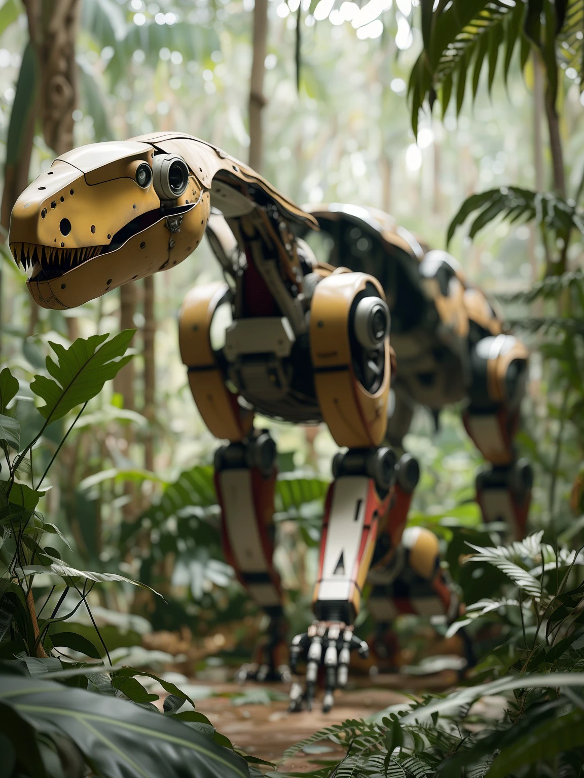 masterpiece, high quality, A robot dinosaurs, in the tropical rainforest <lora:J_sci-fi-000014:1.0> j_sci-fi