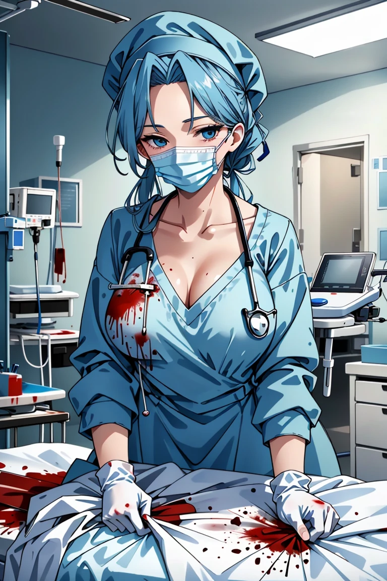 ((masterpiece, best quality,lower_body)), operating table,medical monitors,hospital bed,  <lora:Ryouko Makimura:0.7> (ryouko makimura, 1girl, solo, blue hair, blue eyes, long hair, collarbone, cleavage,mature_female), <lora:bloody_surgeon_v1:0.8>  (bloody_surgeon_v1.0, gloves, mask, surgical mask,surgical cap, stethoscope,latex,long sleeves), blood on face,blood, blood on clothes,