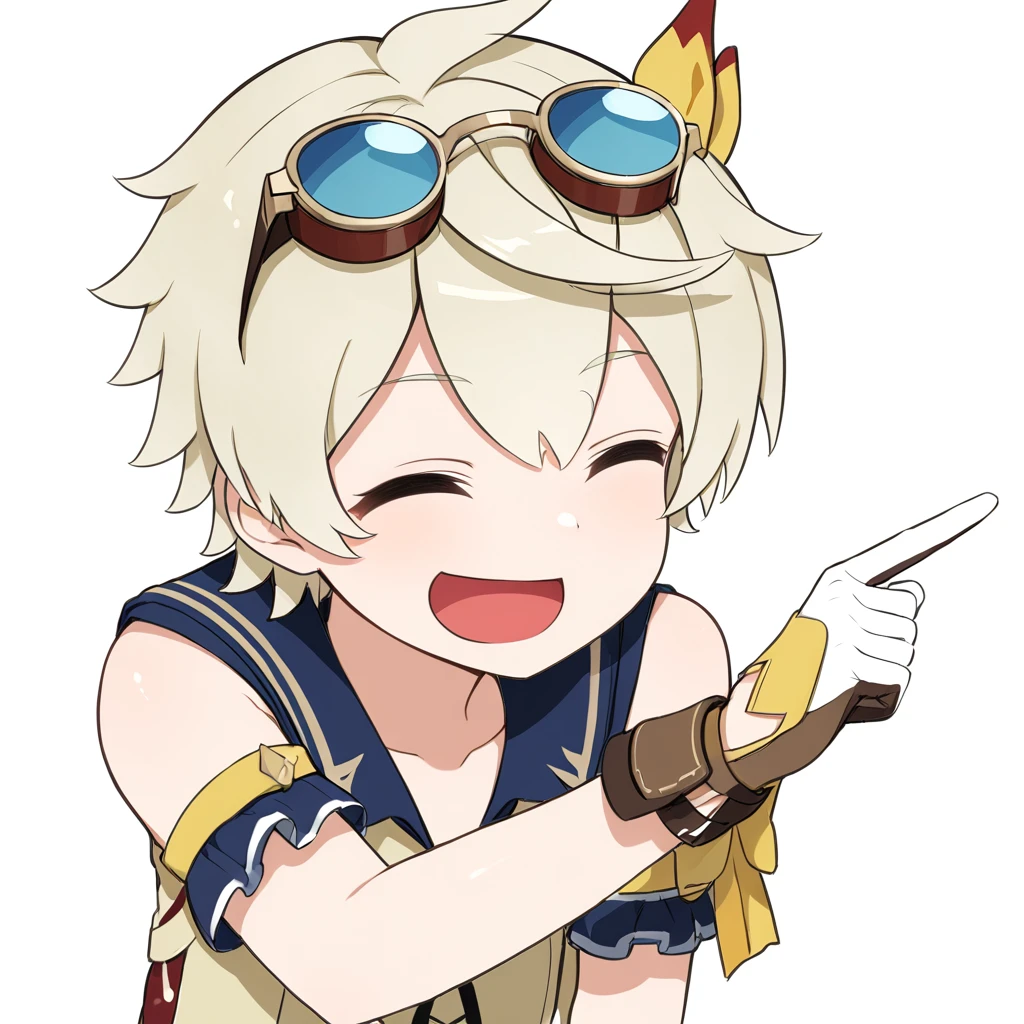 <lora:xl_ð¤£ð2_a3:1>,ð¤£ð pose,solo,closed eyes,pointing,open mouth,smile,^ ^,:d,white background,simple background,Bennett \(genshin impact\),eyewear on head,gloves,, masterpiece, best quality,