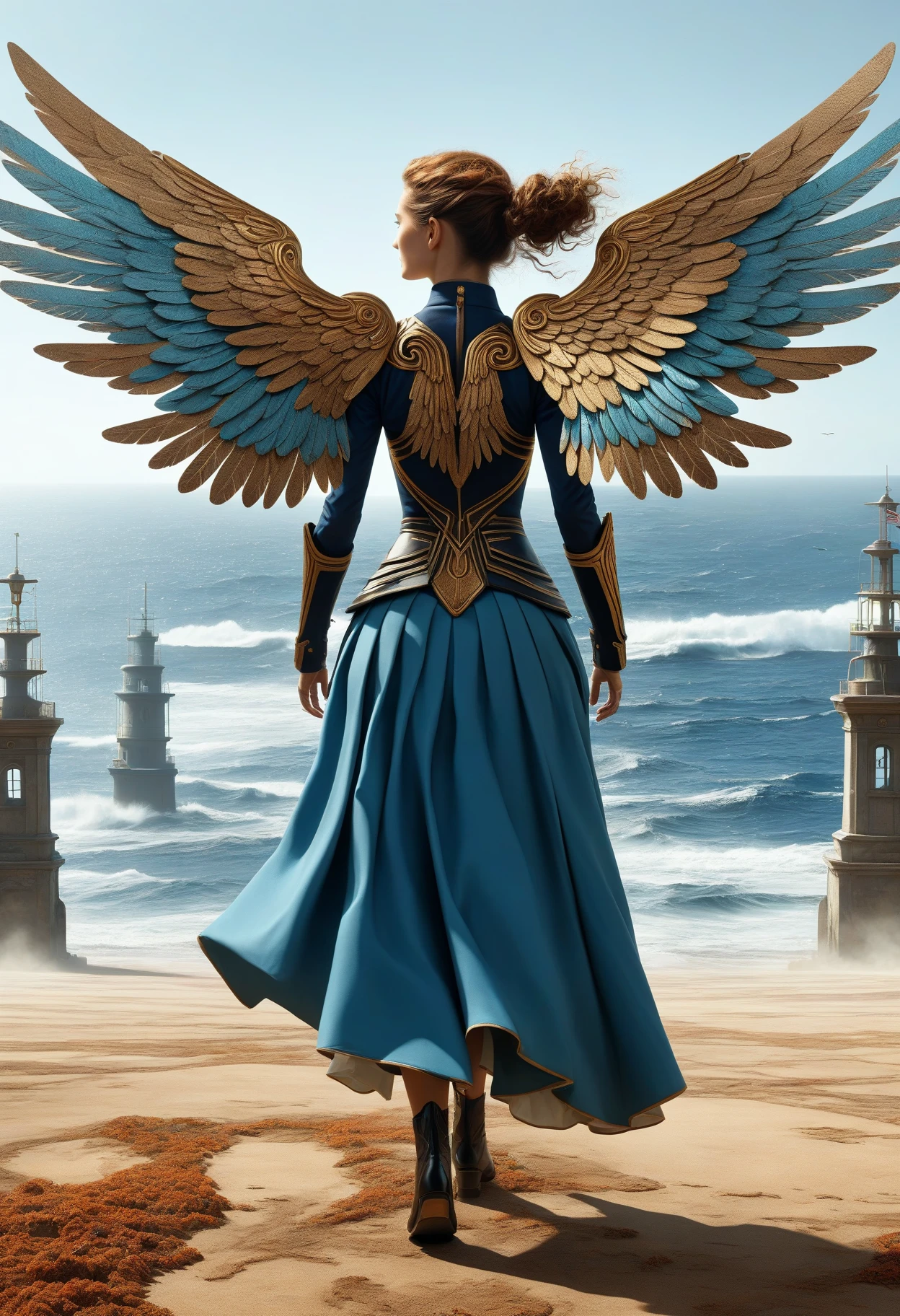 awesome quality, dynamic,DonMDr4g0nXL woman from behind,wings attached to back,skirt, (draconid:0.25) earthy ground air, ocean, captain's quarters <lora:myLora\DonMDr4g0nXL-v2rb:1>,