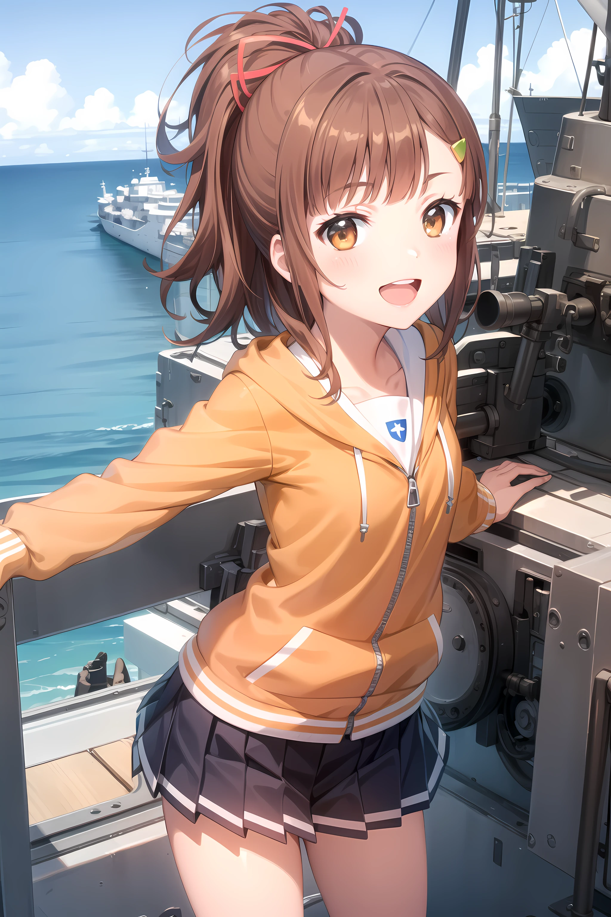 best quality, masterpiece, detailed,
<lora:HighSchoolFleet_IrizakiMei_1:0.8>, IrizakiMei,
1girl, open mouth, smile,
brown hair, brown eyes, ponytail, hairclip, hair ribbon,
school uniform, orange hoodie, blue skirt, sailor collar, zipper,
standing, looking at viewer, arms at sides,
ocean, (ship, military vehicle:1.2)