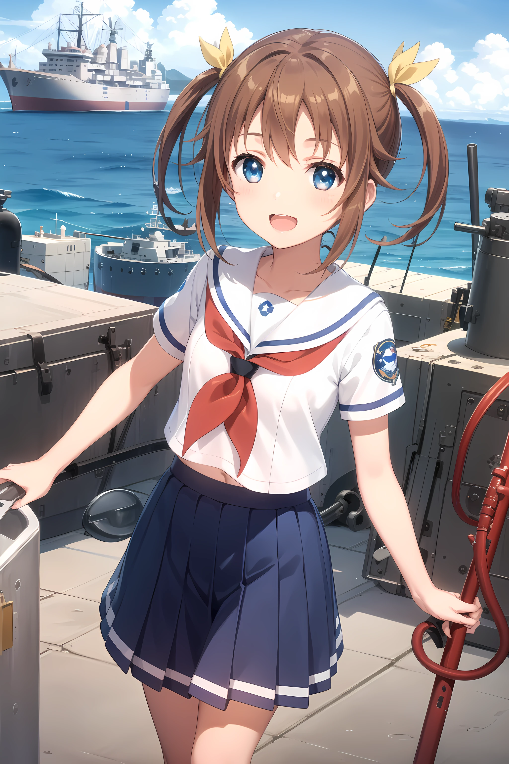best quality, masterpiece, detailed,
<lora:HighSchoolFleet_MisakiAkeno_1:0.8>, MisakiAkeno,
1girl, smile, open mouth,
brown hair, blue eyes, short hair, twintails, hair ribbon, yellow ribbon,
serafuku, white shirt, short sleeves, red neckerchief, blue skirt, 
standing, looking at viewer, arms at sides,
ocean, (ship, military vehicle:1.2)