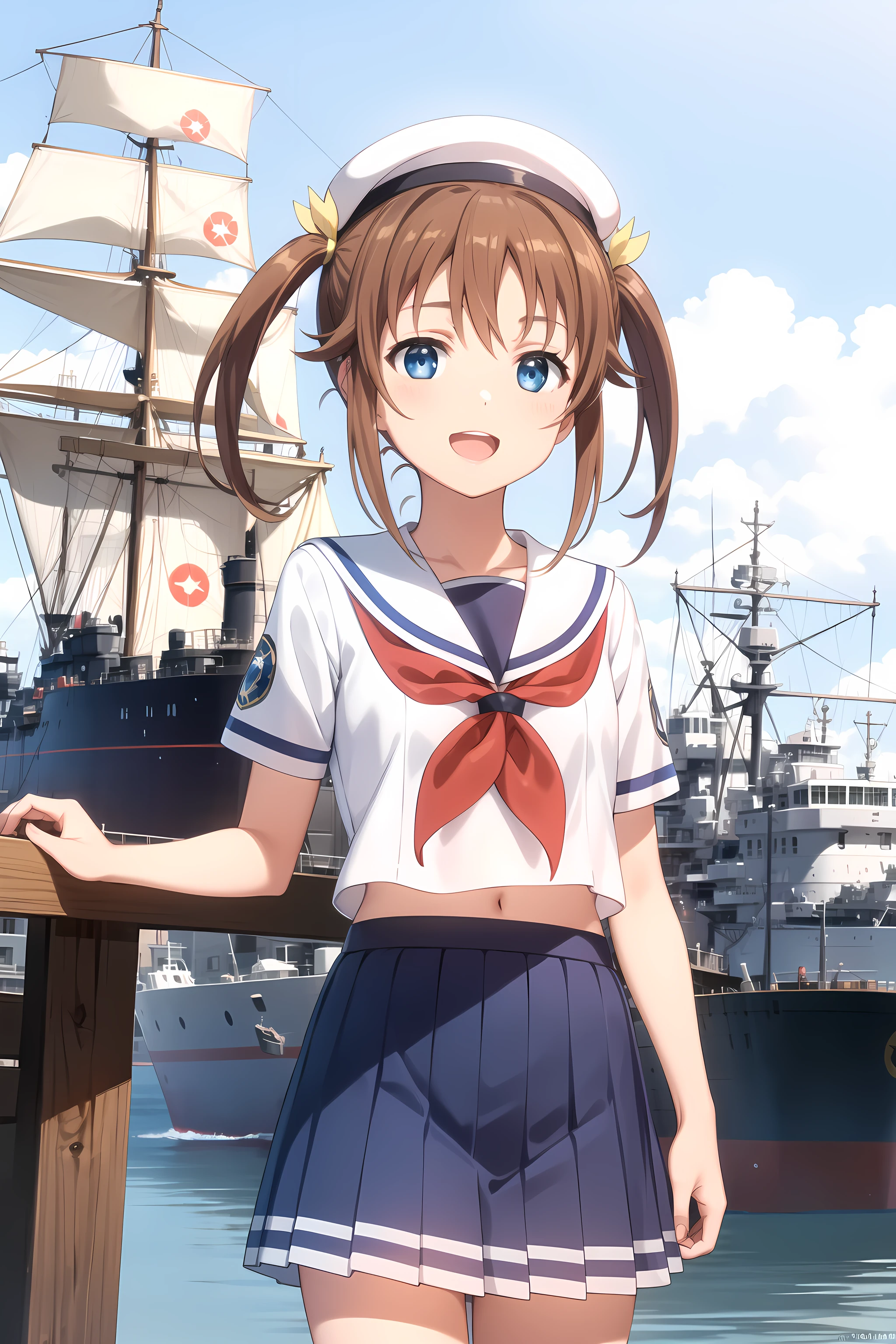 best quality, masterpiece, detailed,
<lora:HighSchoolFleet_MisakiAkeno_1:0.8>, MisakiAkeno,
1girl, smile, open mouth,
brown hair, blue eyes, short hair, twintails, hair ribbon, yellow ribbon,
serafuku, red neckerchief, blue skirt, sailor hat,
standing, looking at viewer, arms at sides,
ship