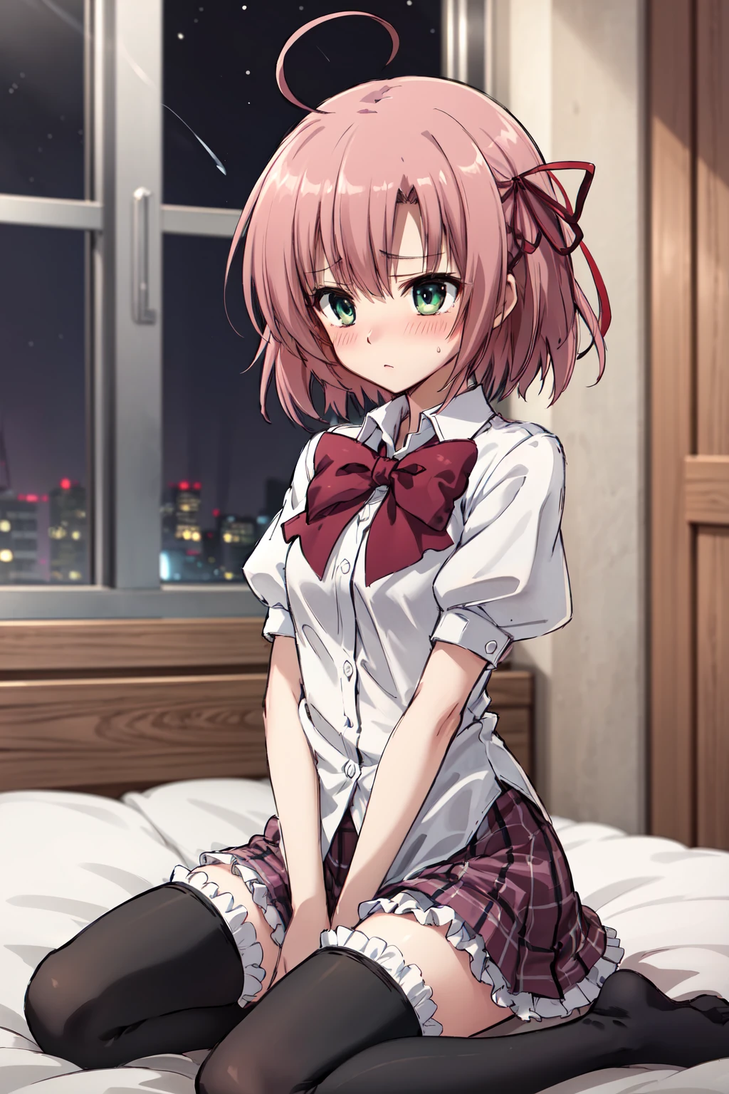 masterpiece,best quality,highres,ultra-detailed,aakurimu,short hair,ahoge,bangs,hair ribbon,red bowtie,shirt,white shirt,collared shirt,short sleeves,plaid skirt,frills,thighhighs,frilled thighhighs,(black thighhighs:1.2),<lora:sakurano_kurimu:0.7>,indoors,sitting,bed,blush,(embarrass:1.2),night,