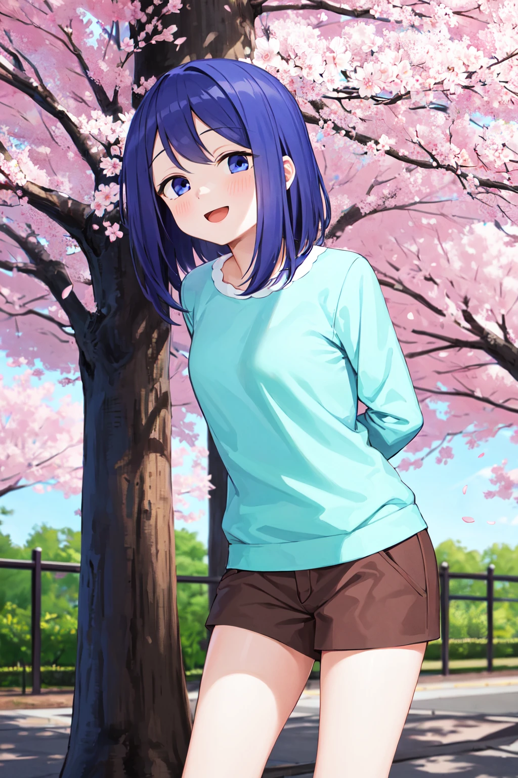masterpiece, best quality, highres, 1girl, solo, medium hair, blue hair, blue eyes, aqua shirt, long sleeves, brown shorts, <lora:kubo_saki_v1:0.7>, arms behind back, cherry blossoms, outdoors, standing, cowboy shot, smile, open mouth, leaning forward,